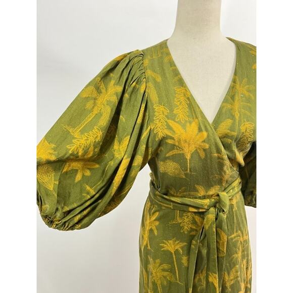 JUAN DE DIOS Sz M/L Ermita Wrap Around Midi Dress Green Palms Linen - Picture 8 of 16
